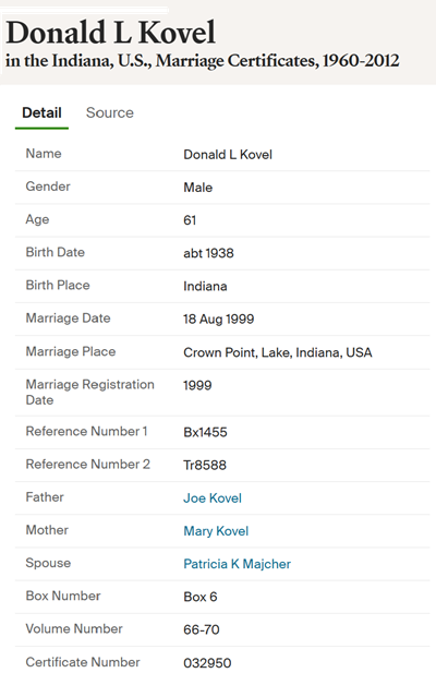 Donald Kovel marriage info, Class of 1956