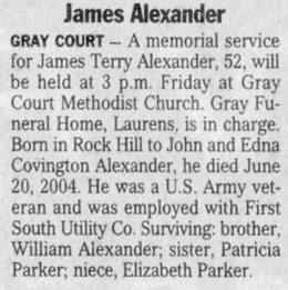Terry Alexander (Deceased), Rock Hill, SC South Carolina